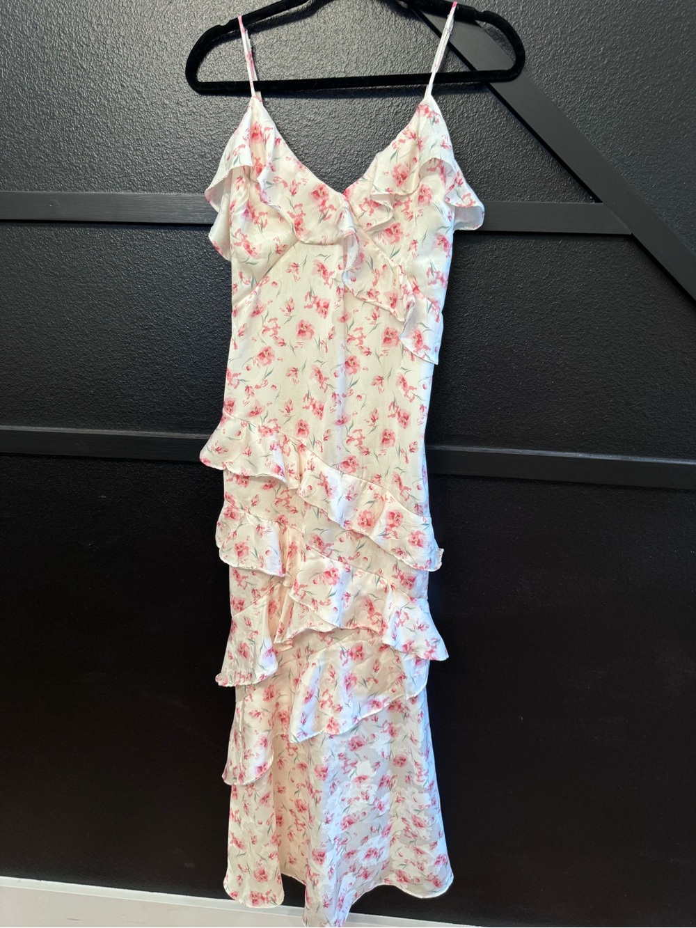 Floral Pink Ruffle Tiered Spaghetti Strap Dress